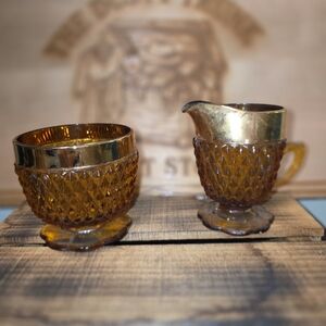 Amber Glass Creamer and Sugar Set with Gold Trim